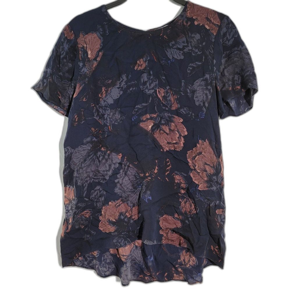 Wilfred 100% Silk Hi-Lo Blue/Maroon Floral Blouse Keyhole Back Woman S